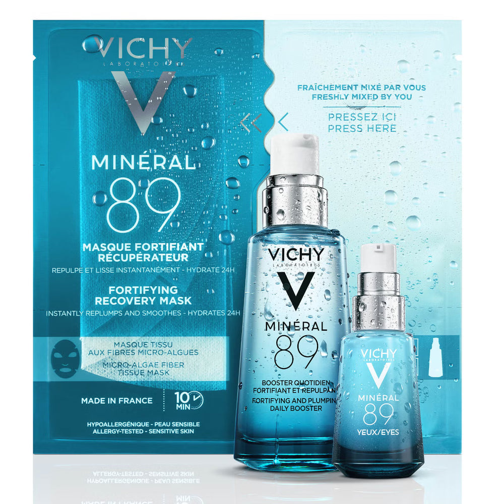 Vichy Mineral 89 skincare products including a mask and daily booster on a light blue background.