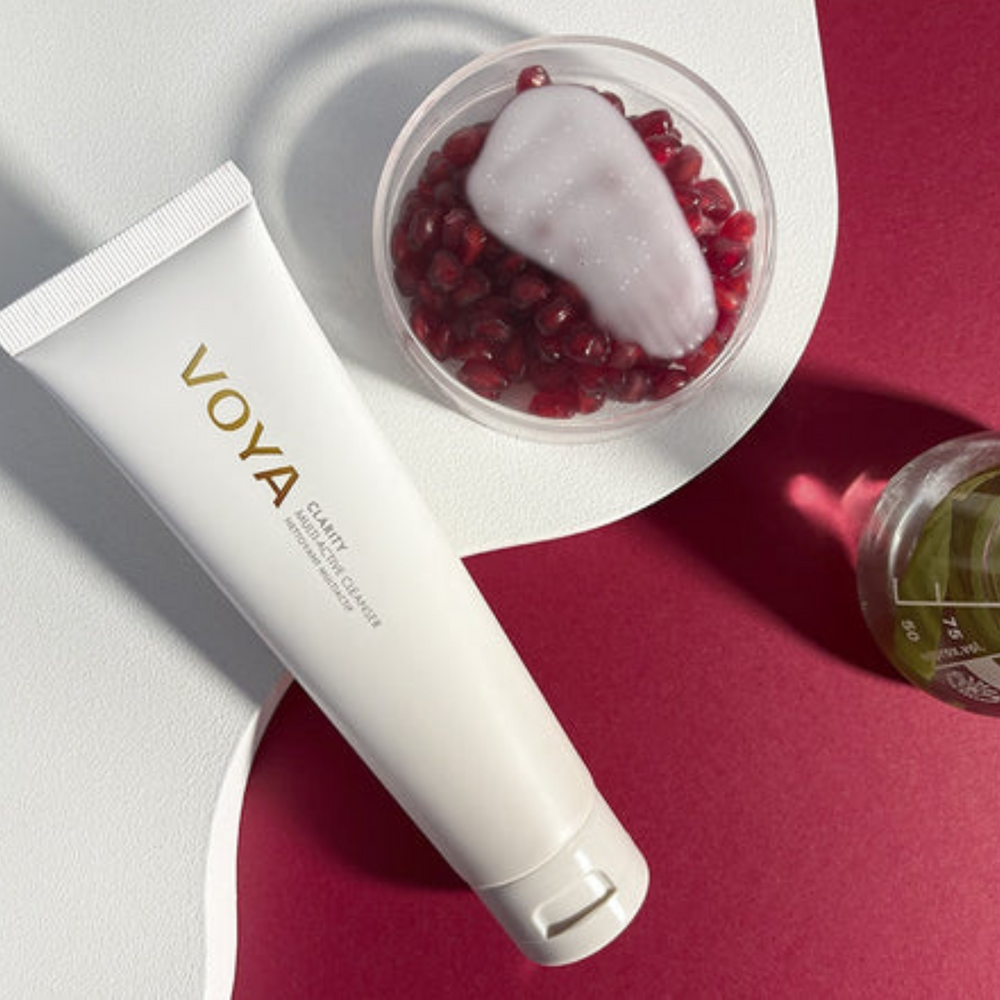 voya clarity cleanser, white tube packaging with flip cap