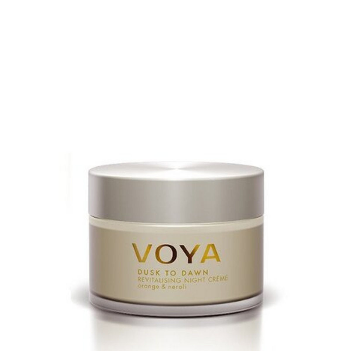 Voya Dusk To Dawn Revitalising Night Cream in glass jar with screw lid and gold embossed logo