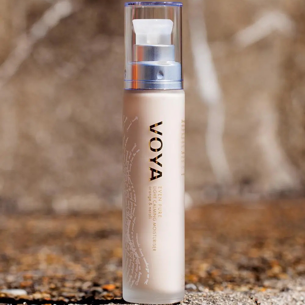 Voya Even Pure Light Calming Moisturiser in branded glass pump bottle with clear lid