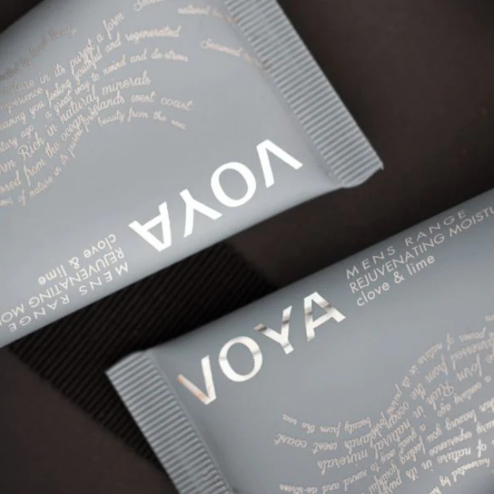 VOYA Men's Range Rejuvenating Moisturiser in blue tube close up of product name