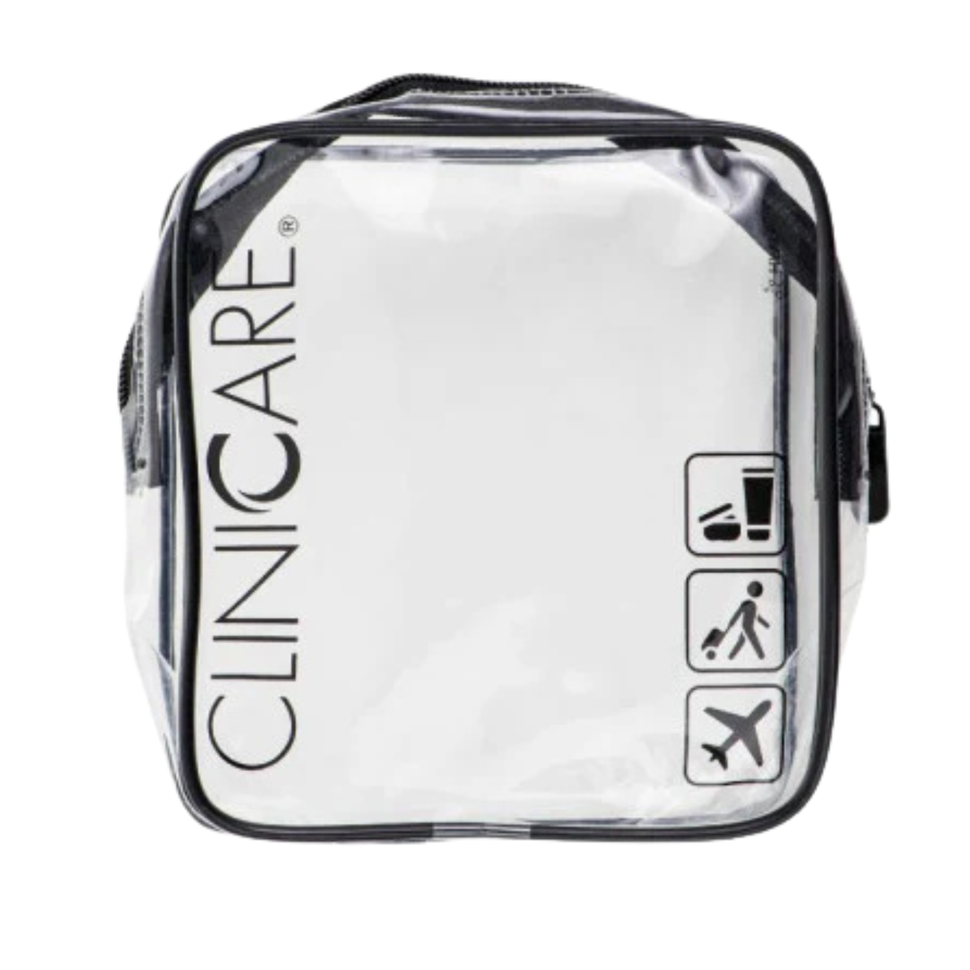 ClinicCare clear travel toiletry bag with black zip and travel icons on white background