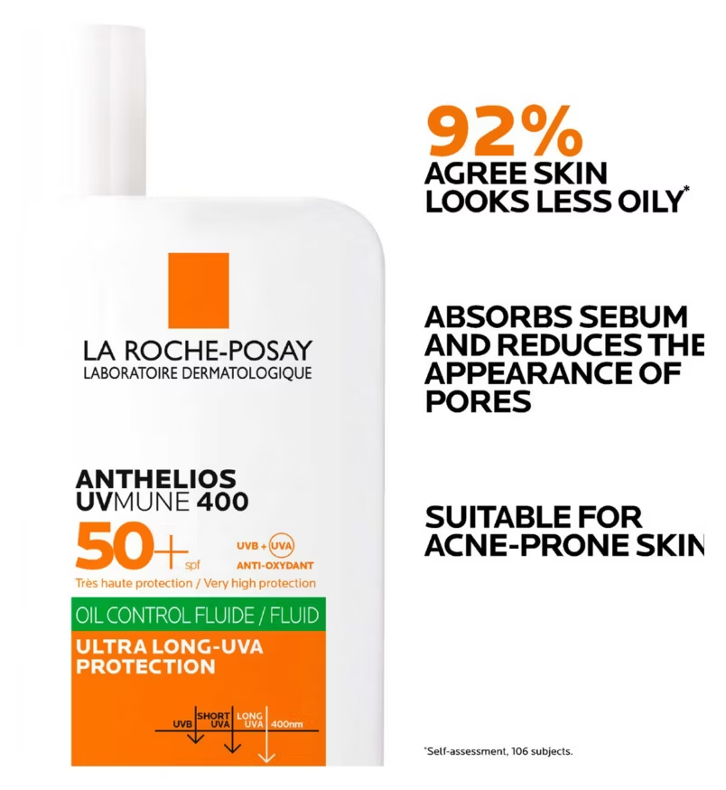 La Roche Posay Anthelios UVMune Oil Control fluid spf50+ 50ml bottle with text on benefits of the products