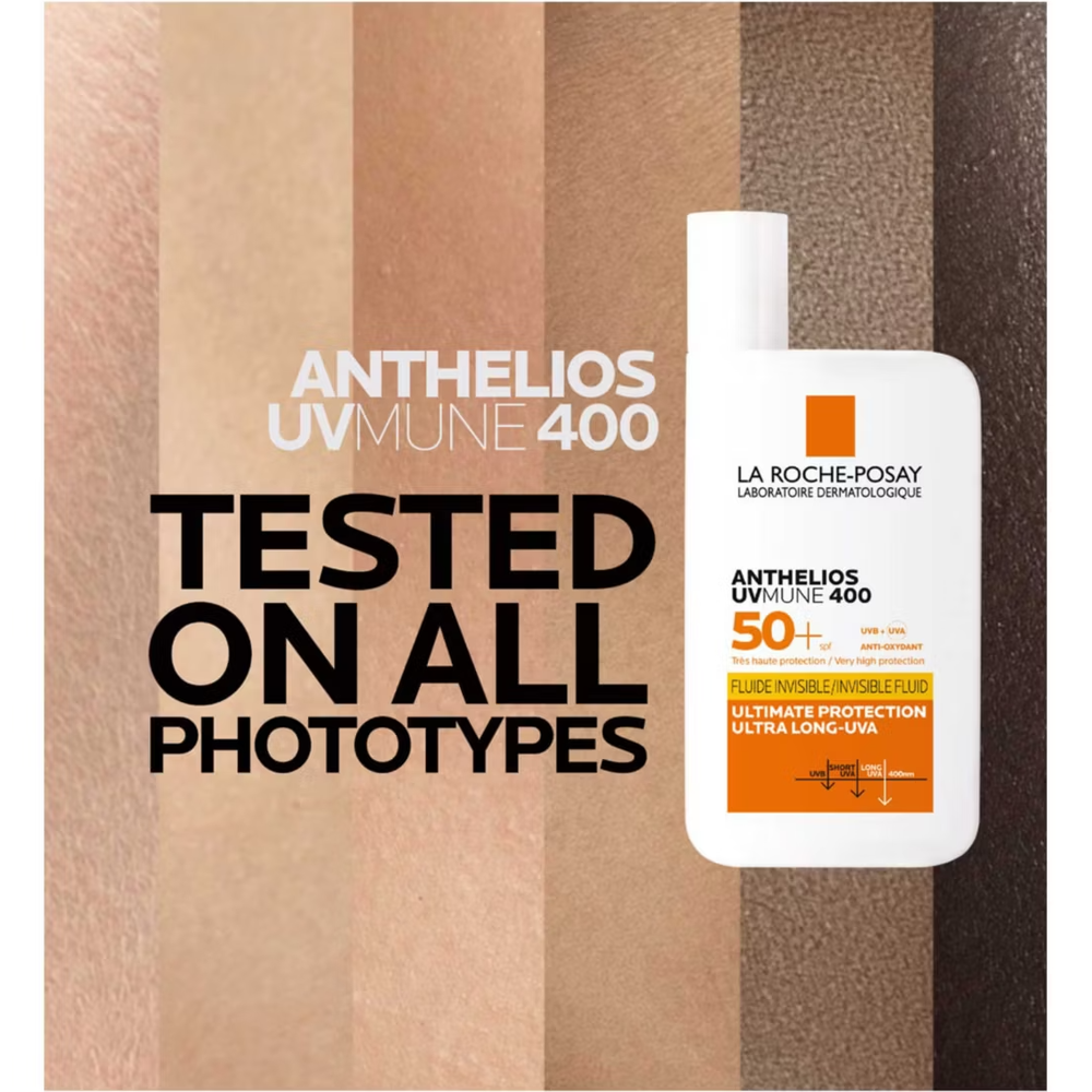 La Roche-Posay Anthelios UV Mune 400 sunscreen bottle on a striped background