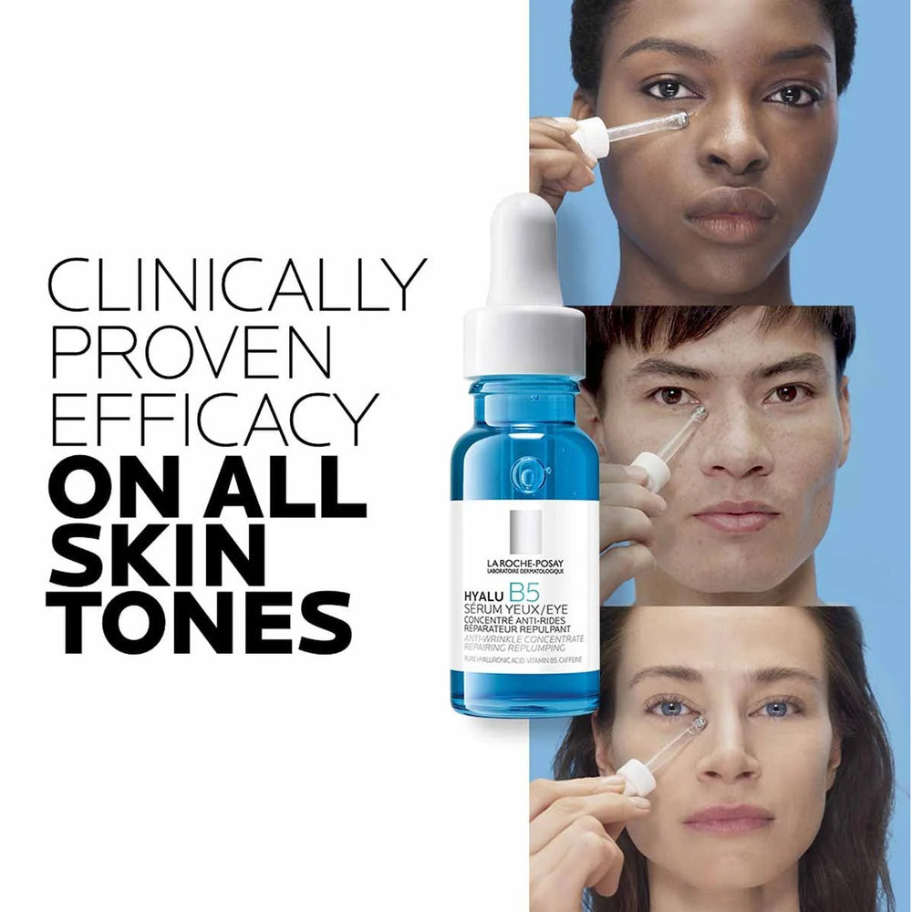 Cosmetic serum bottle with text 'Clinically Proven Efficacy on All Skin Tones' and images of people using the product.