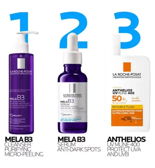 Three La Roche-Posay skincare products with labels on a white background