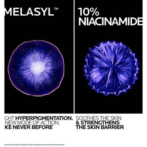 Advertisement for Melasyl with two purple circular images and text about niacinamide and skin benefits.