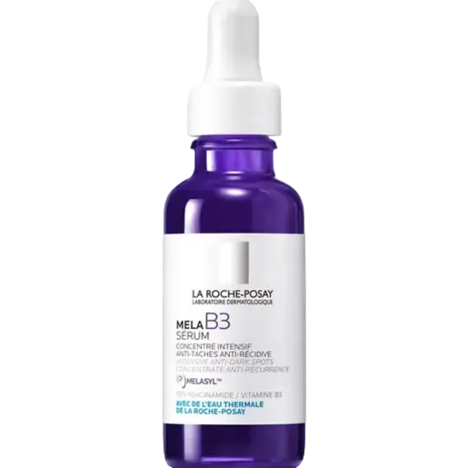 La Roche-Posay Mela B3 serum bottle with dropper on a white background