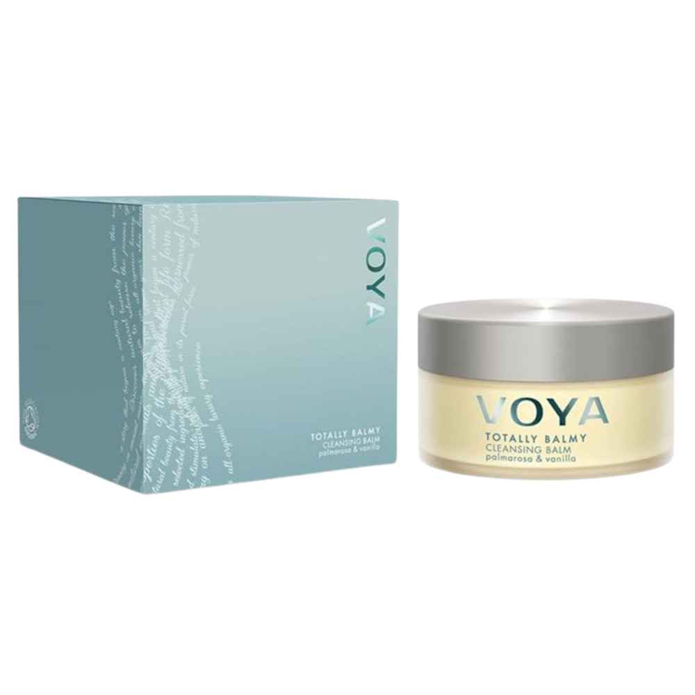 A product image featuring a jar labeled 'VOYA' next to its blue box packaging. The jar contains a cleansing balm and the box is marked with the same brand.