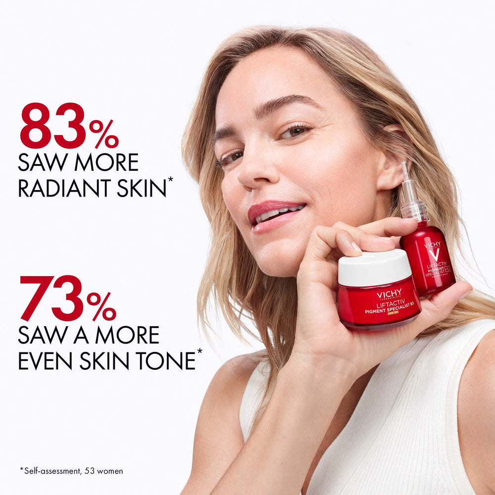 Woman holding Vichy skincare products with text on a white background