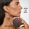Woman applying VITA LIBERATA bronzer with text on contouring and bronze shades.