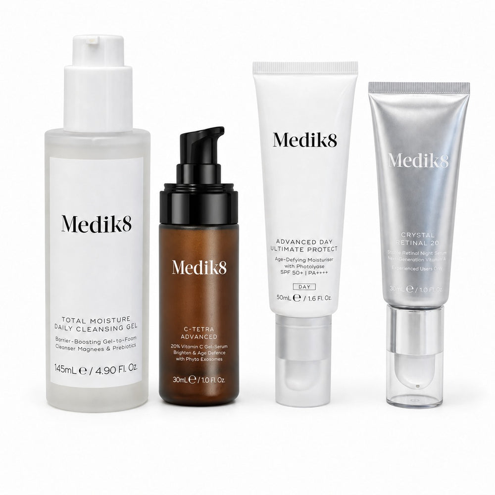 Medik8 routine bundle with Crystal Retinal 20: cleanser, C-Tetra Advanced, SPF50+ and retinal