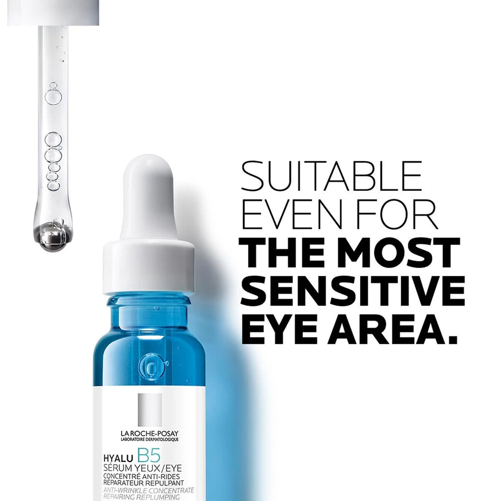 La Roche-Posay eye serum bottle with text 'Suitable even for the most sensitive eye area' on a white background