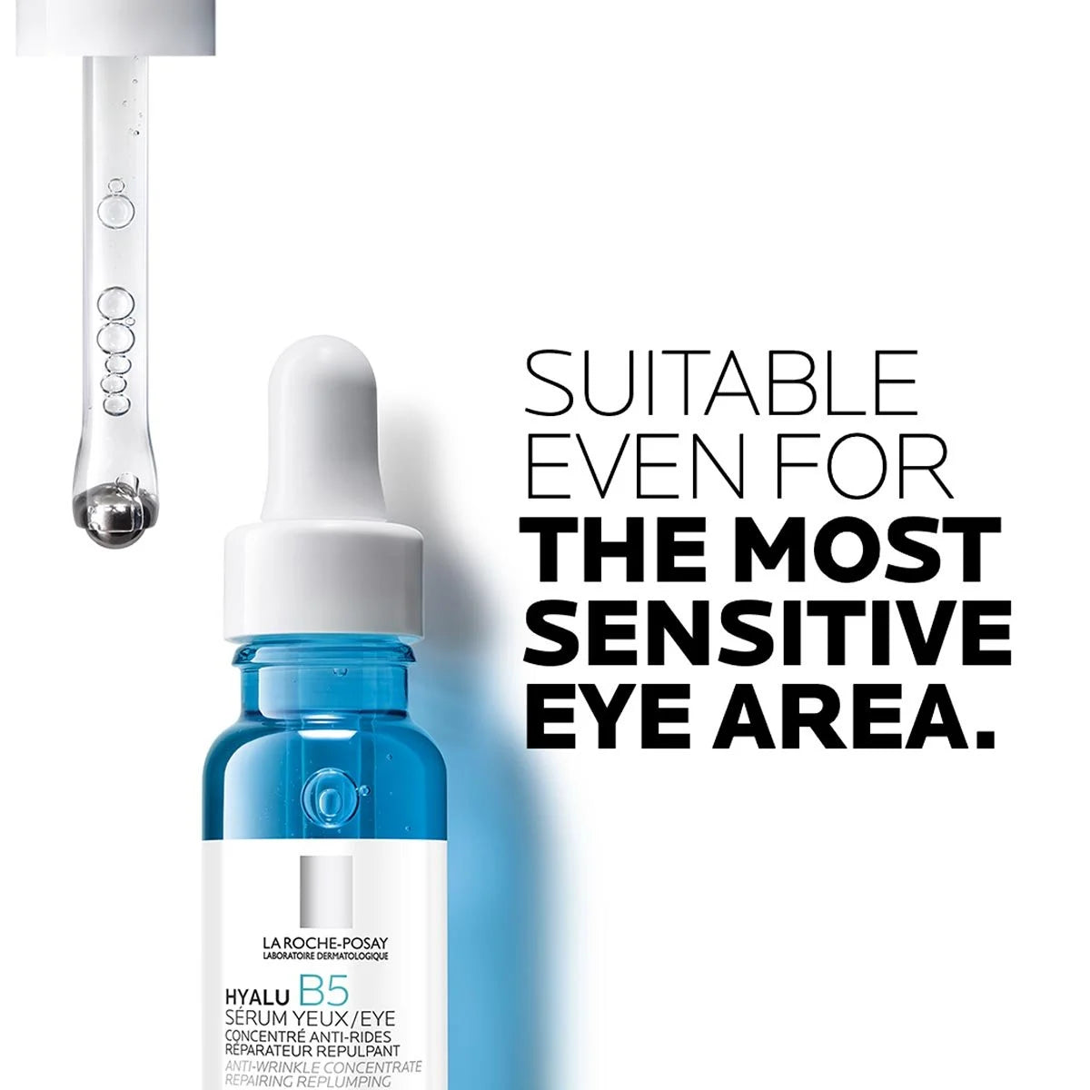 La Roche-Posay eye serum bottle with text 'Suitable even for the most sensitive eye area' on a white background