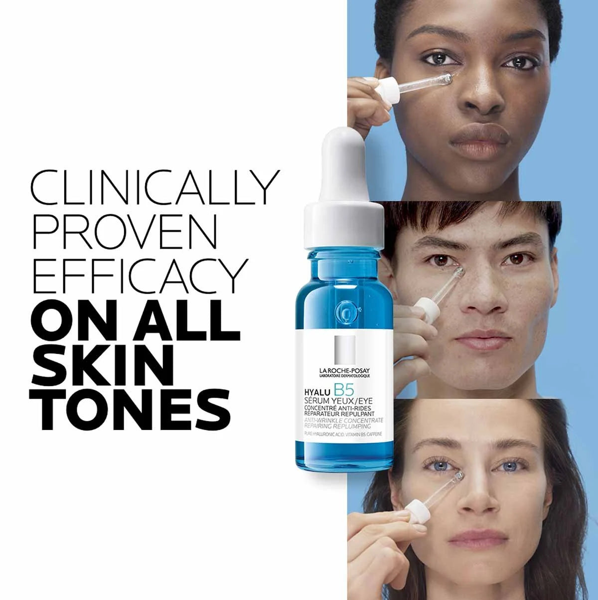 Cosmetic serum bottle with text 'Clinically Proven Efficacy on All Skin Tones' and images of people using the product.