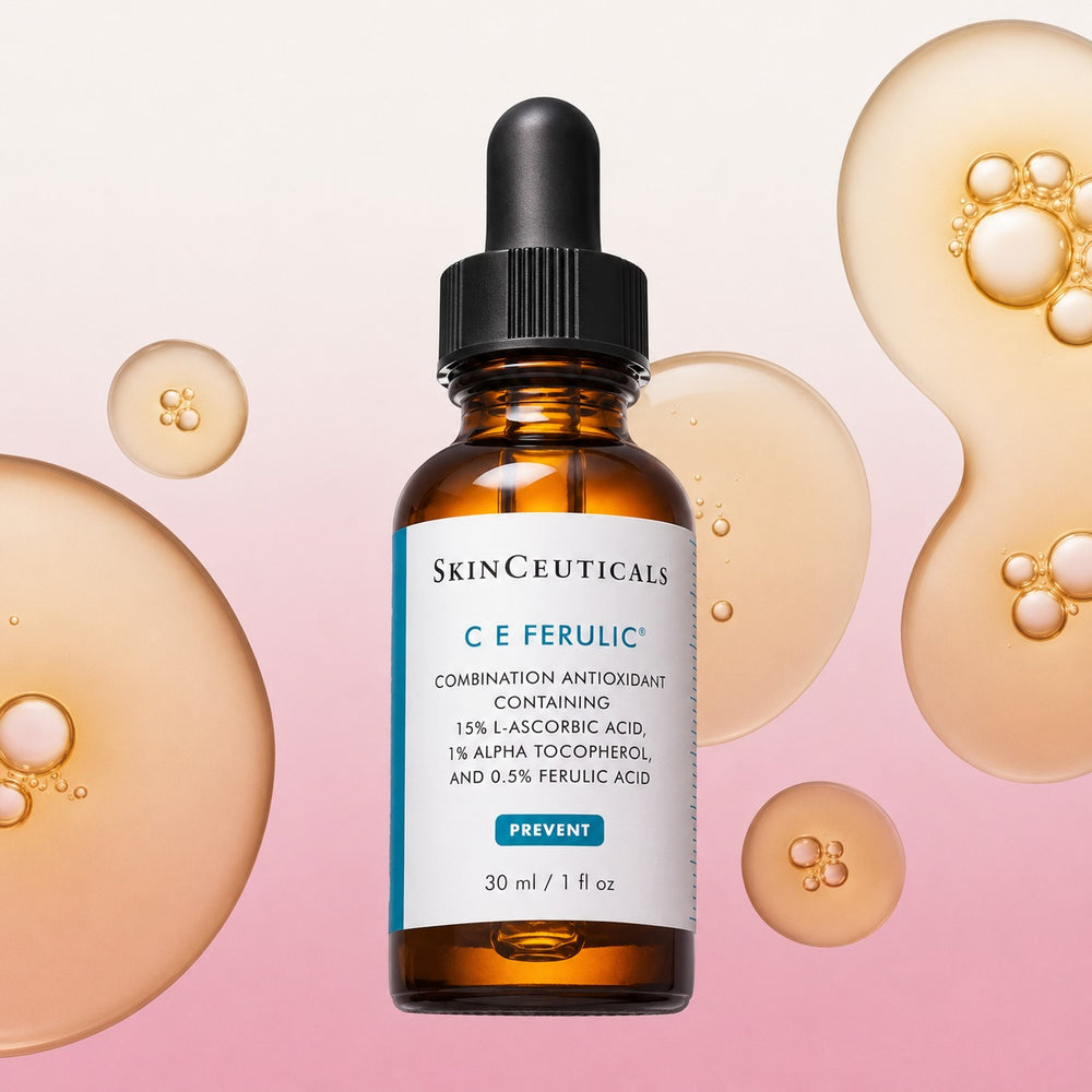 SkinCeuticals C E Ferulic 30ml antioxidant vitamin C serum bottle with golden serum droplets