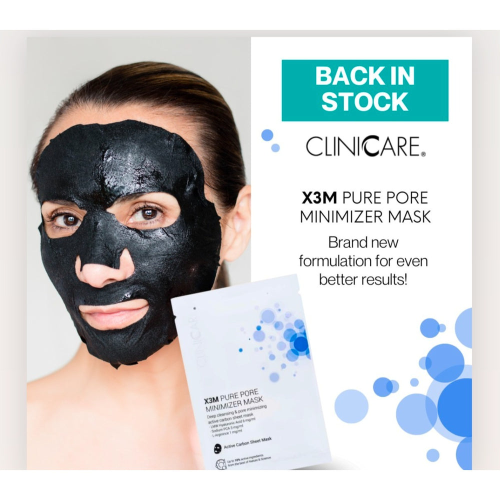 Model wearing ClinicCare X3M Pure Pore Minimizer charcoal sheet mask, back in stock