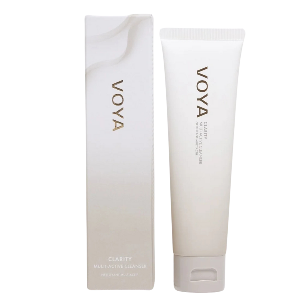 Voya Clarity MultiActive Cleanser, white tube packaging with flip cap