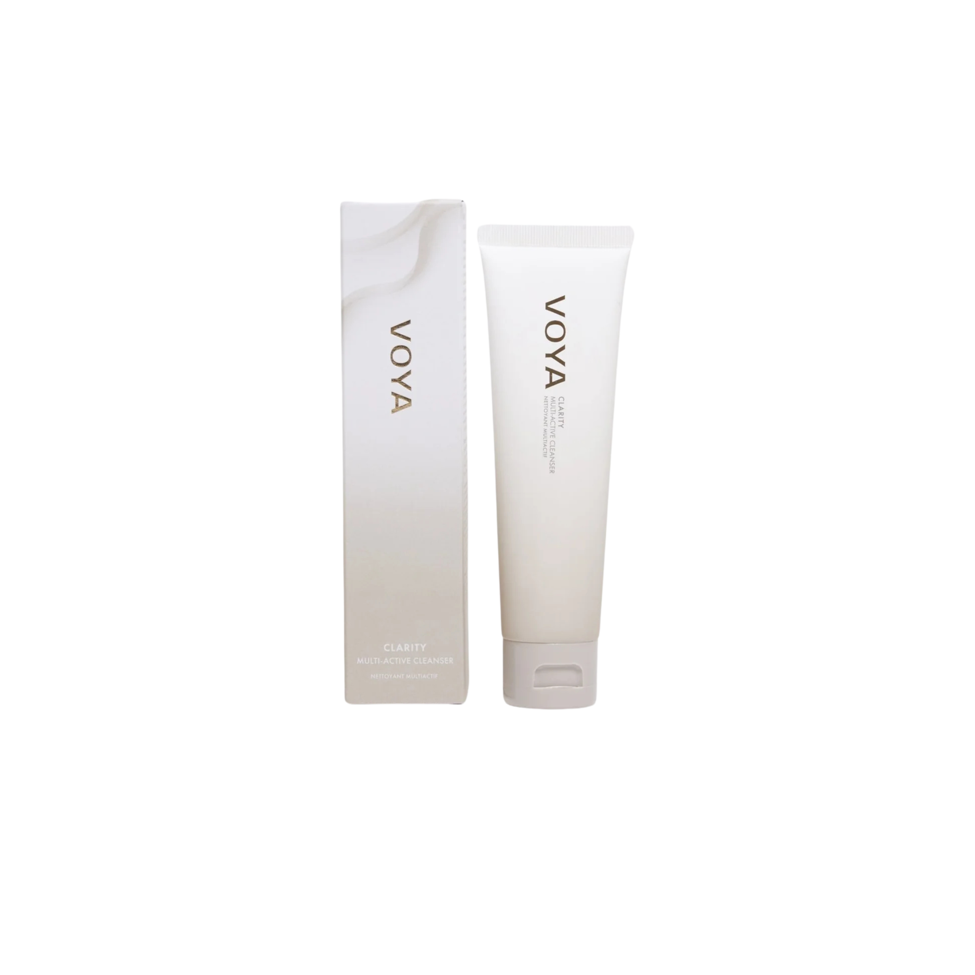 Voya Clarity MultiActive Cleanser, white tube packaging with flip cap