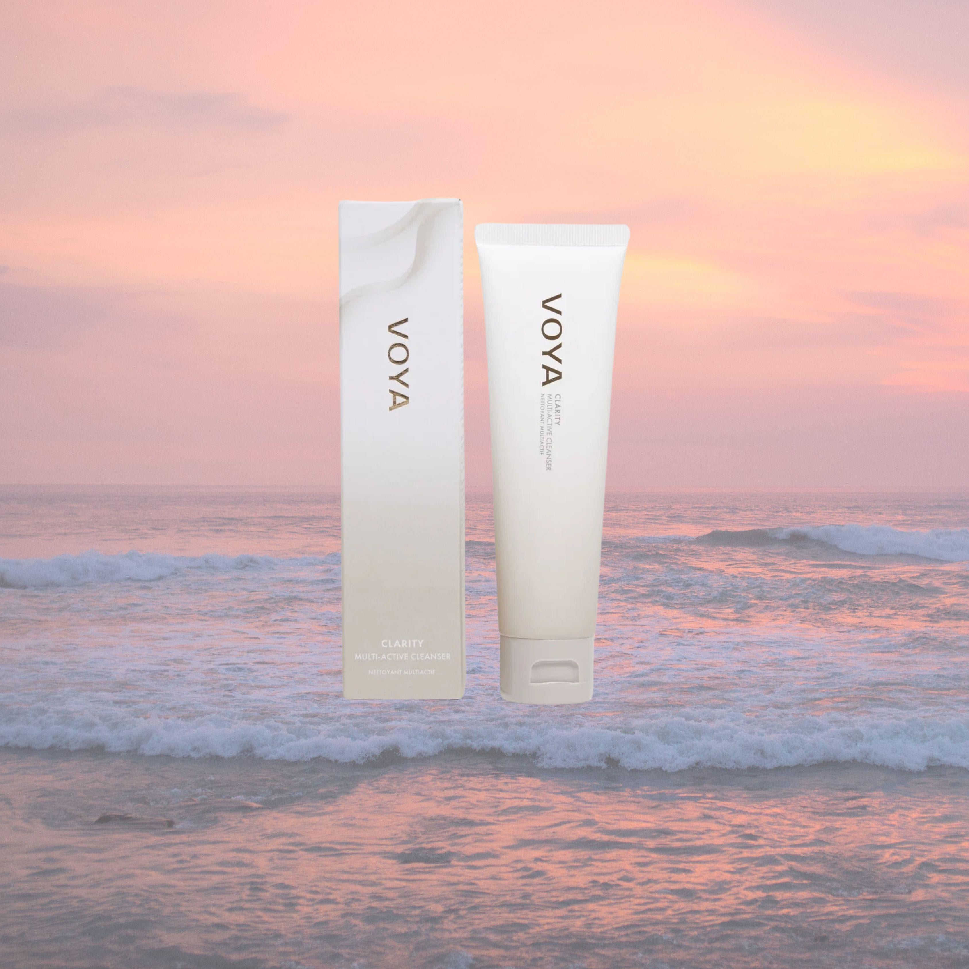 Voya Clarity MultiActive Cleanser, white tube packaging with flip cap