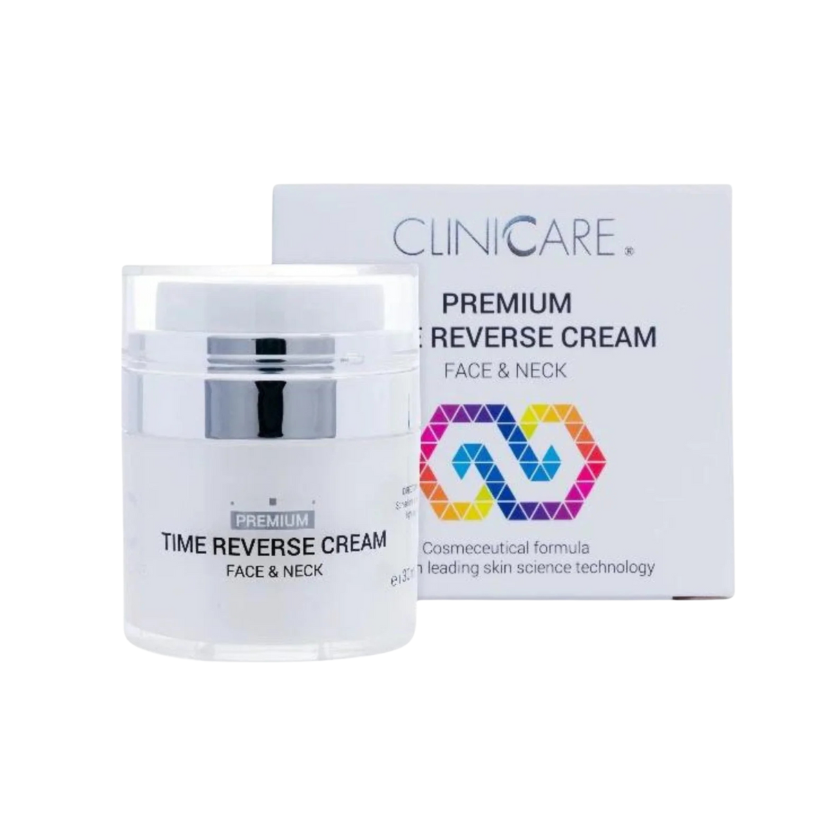 ClinicCare Premium Time Reverse Cream jar and box on black background