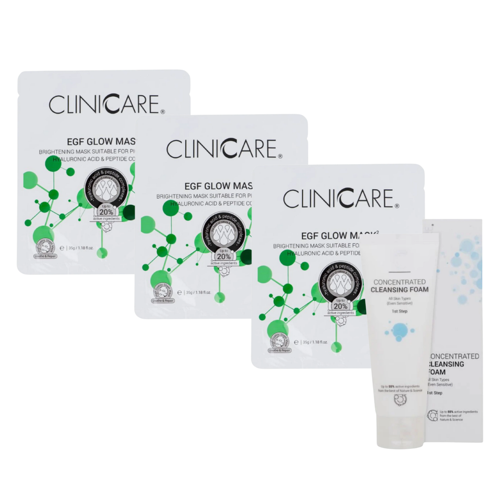 3 ClinicCare glow masks + concentrated cleansing foam
