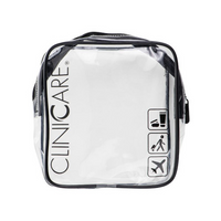 ClinicCare clear travel toiletry bag with black zip and branded logo on white background
