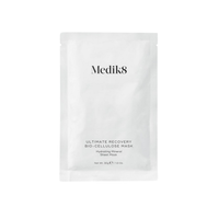 Medik8 ultimate recovery io-cellulose sheet mask, foil sachet packaging, Visibly restore dry, irritated or post-treatment skin with this intensely hydrating mineral sheet mask
