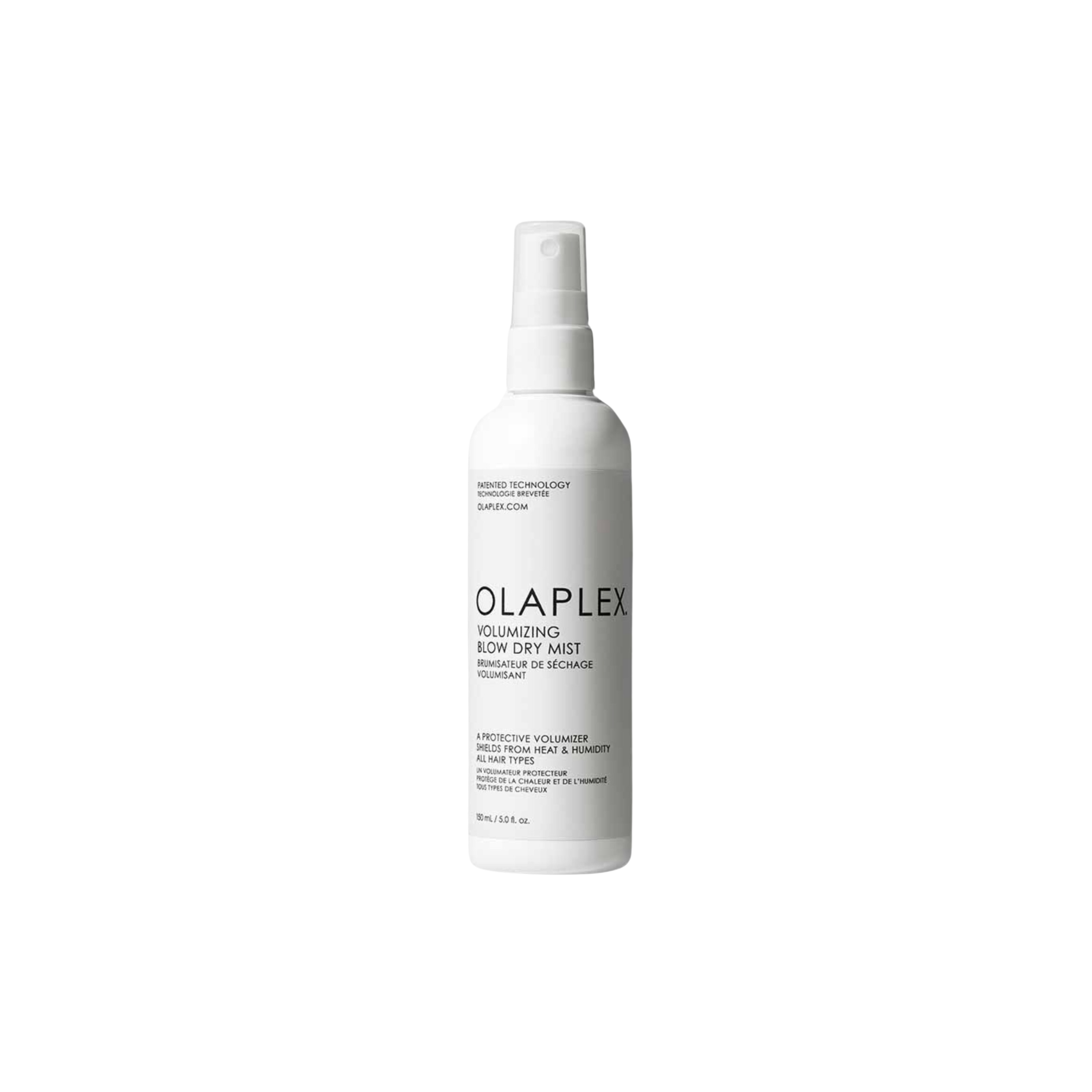 A white spray bottle labeled Olaplex Volumising Blow Dry Mist, with product information and branding visible.