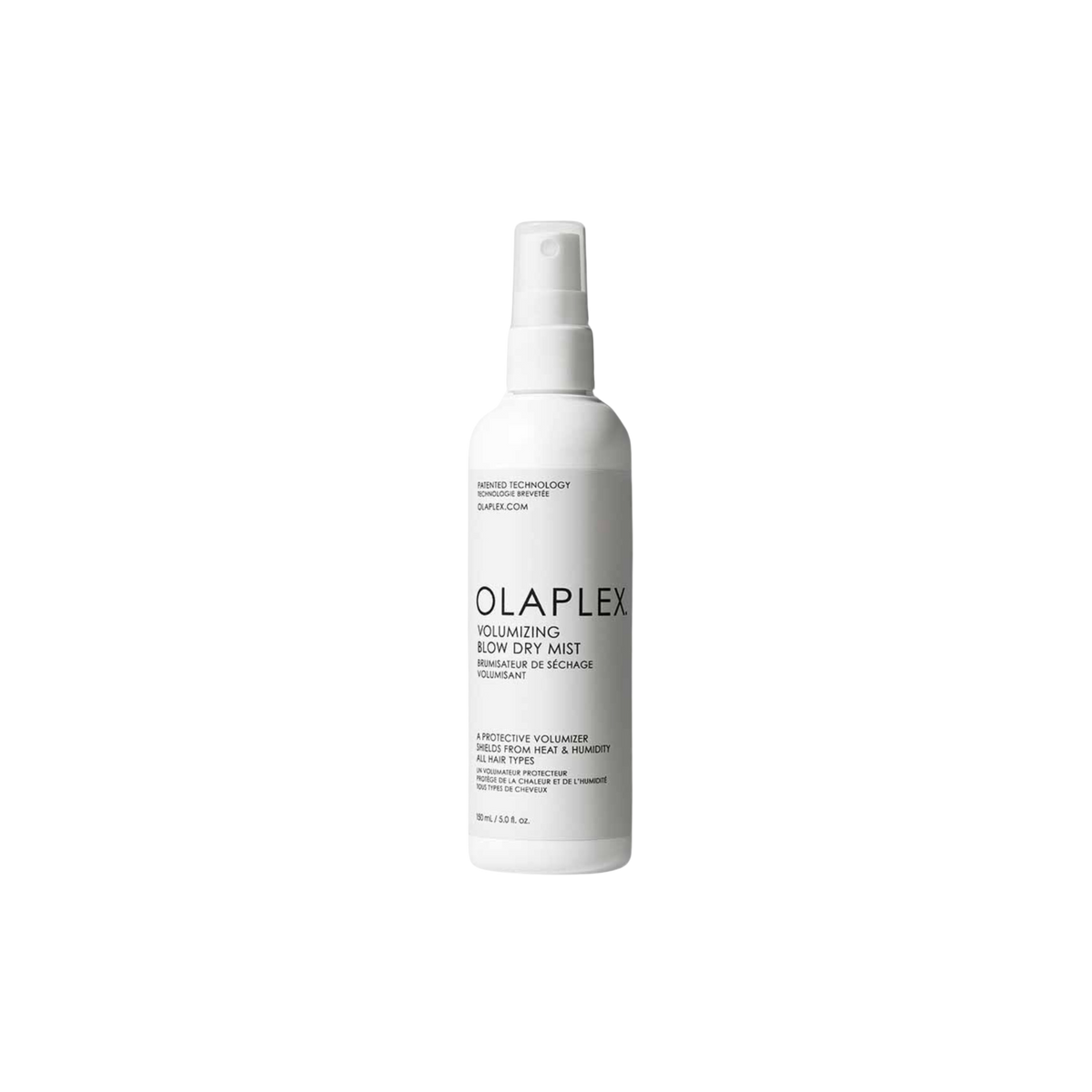 A white spray bottle labeled Olaplex Volumising Blow Dry Mist, with product information and branding visible.