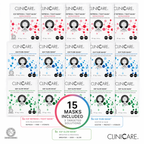 ClinicCare EGF Refresh, Pure and Glow sheet masks laid out in three rows of five — 15 masks total