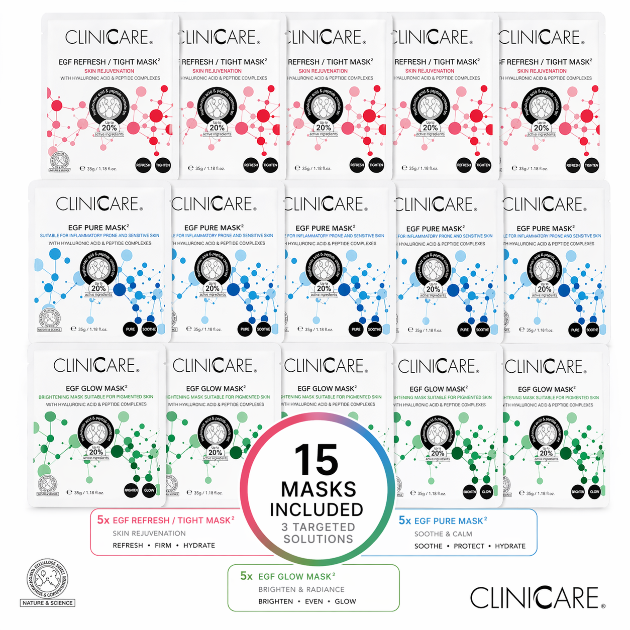 ClinicCare EGF Refresh, Pure and Glow sheet masks laid out in three rows of five — 15 masks total