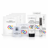 ClinicCare Premium Time Reverse Complete Bundle showing cream, hydrogel masks, hand cream and lip booster
