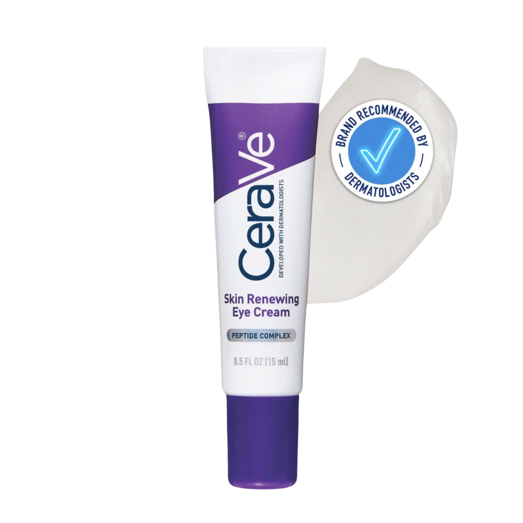 CeraVe Skin Renewing Eye Cream packaging and tube, with a dermatologist developed label.