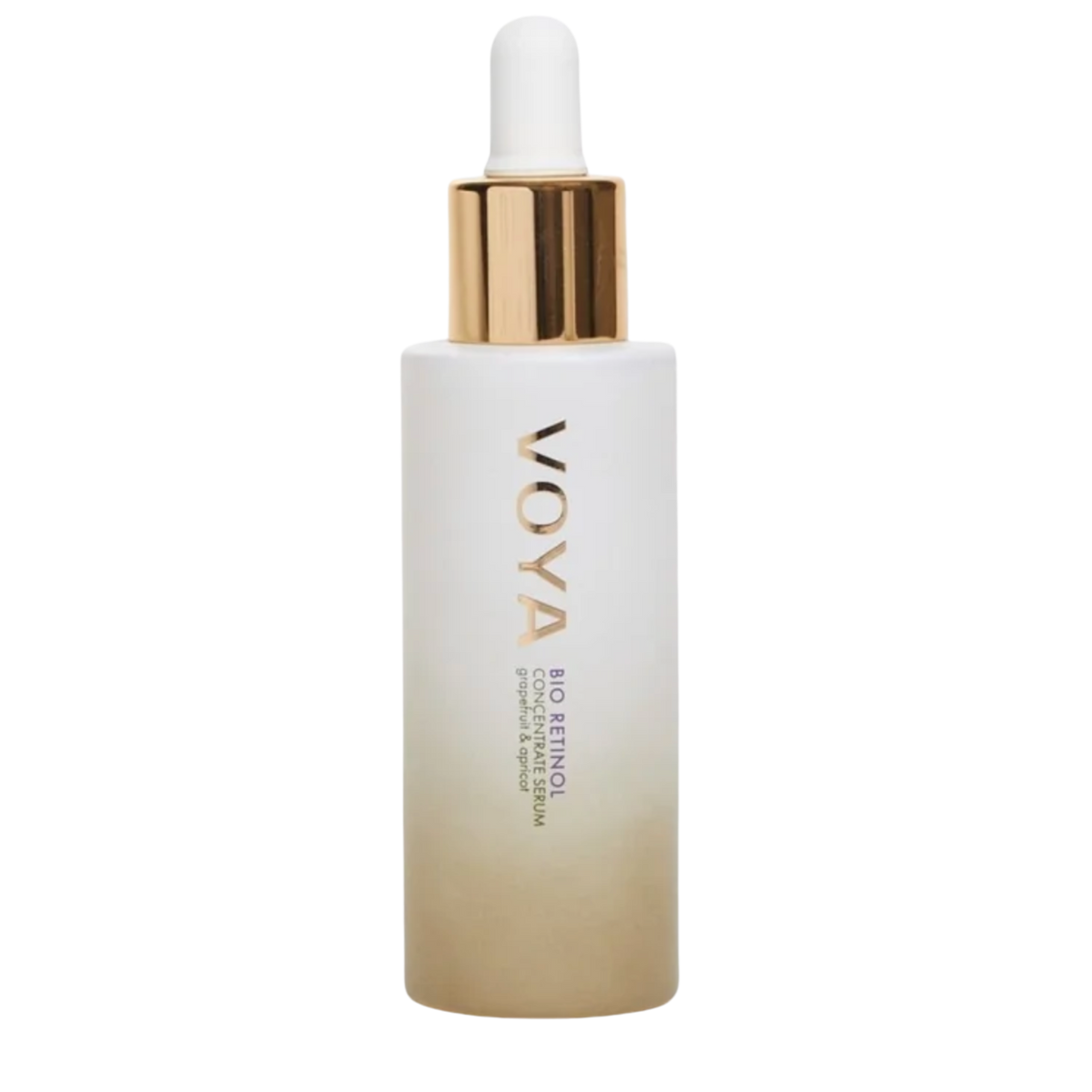 A clear glass bottle with a dropper containing the VOYA Bio Retinol Concentrate Serum, with a white label and gold accents on the bottle.