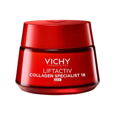 Red Vichy skincare jar on a white background