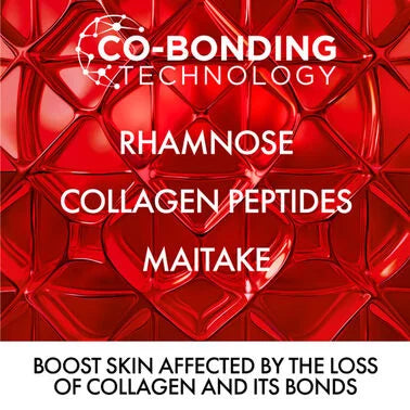 Red glass container with text about co-bonding technology, rhamnose, collagen peptides, and maitake on a red background.