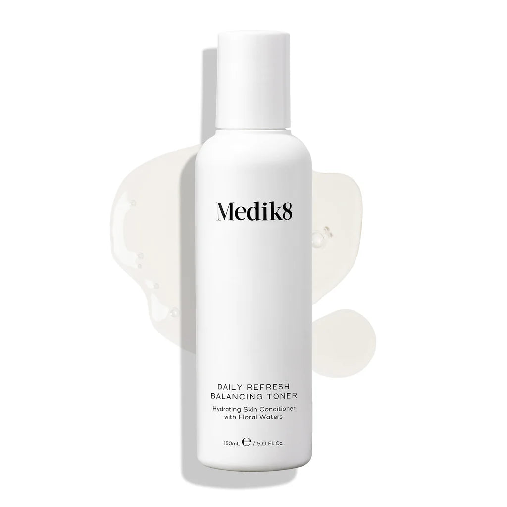 Medik8 daily refresh balancing toner, white bottle with cap, white box packaging, Free from drying alcohols, rebalances pH, deeply hydrates, effective antibacterial and anti-inflammatory properties, suitable for the most sensitive skins, leaves complexion calm, conditioned, rebalanced