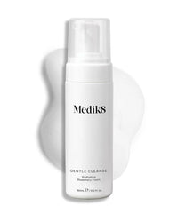 Medik8 gentle clease foaming cleanser, hydrating, ultra-gentle foaming formula, very mild, sensitive skin-friendly cleansing agents, remove daily impurities, leaves skin comfortable, pH balanced, suitable for sensitive skin, refreshed, soft, white plastic pump bottle, white box packaging