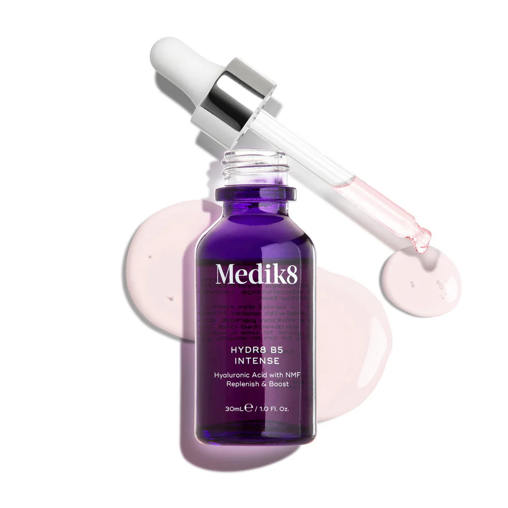 Medik8 Hydrate b5 Intense bottle with dropper showing product consistency on a white background