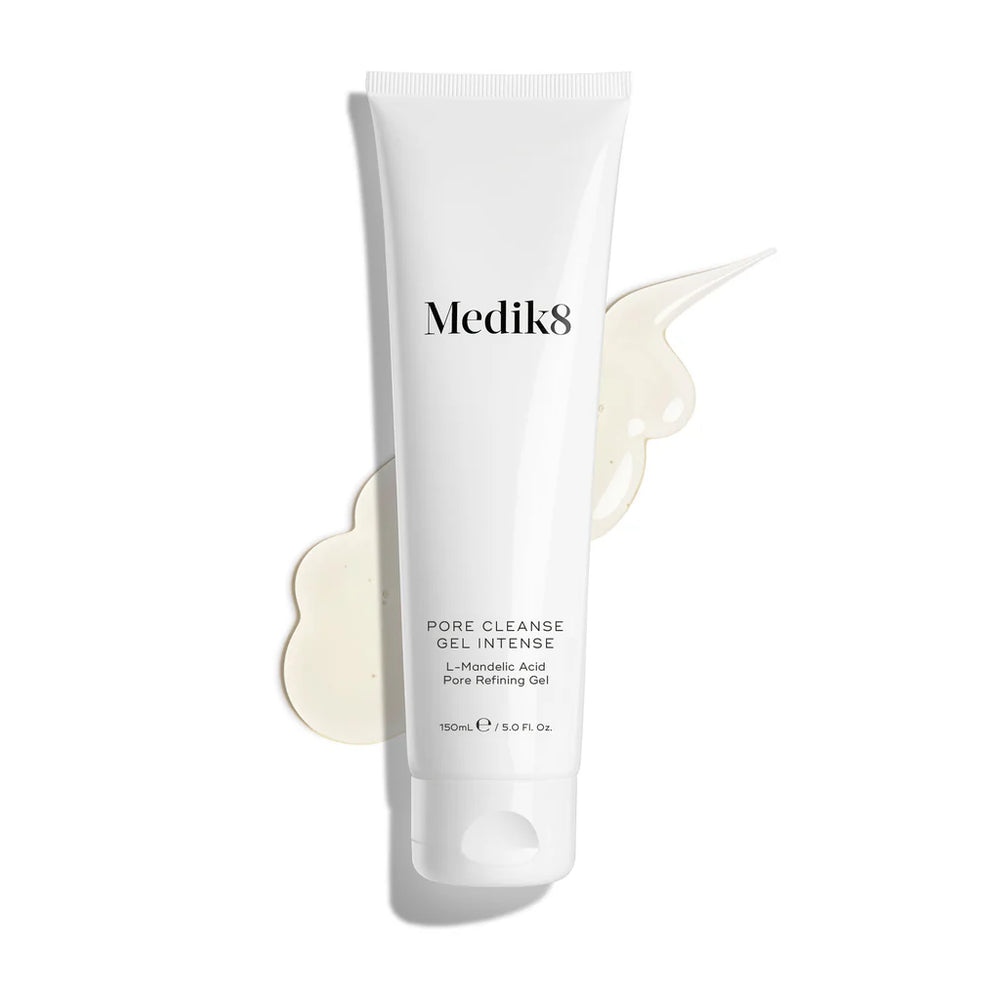Medik8 Pore Cleanse Gel Intense tube with gel texture shown on a white background