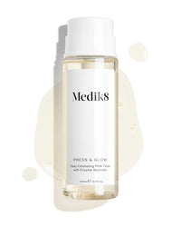 medik8 press and glow, daily efoliating PHA toner with enzyme activator, clear plastic bottle with white pump and lid