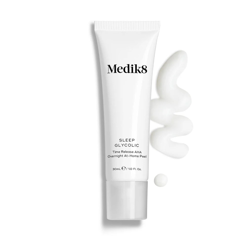 medik8 sleep glycolic, Smoothing, Brightening, Decongesting, smoother skin, AHA (alpha hydroxy acid) peel treatment that delivers fast results overnight, without the usual redness and irritation, white tube with lid, white box packaging
