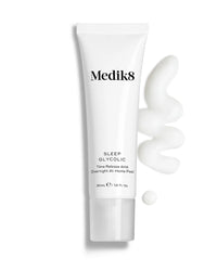 medik8 sleep glycolic, Smoothing, Brightening, Decongesting, smoother skin, AHA (alpha hydroxy acid) peel treatment that delivers fast results overnight, without the usual redness and irritation, white tube with lid, white box packaging