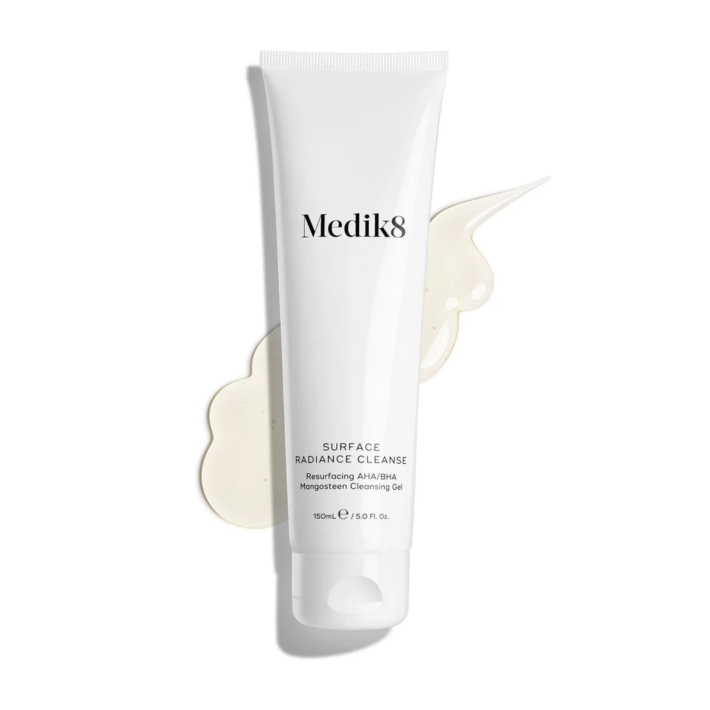 Medik8 Surface Radiance Cleanse tube with product texture on a white background