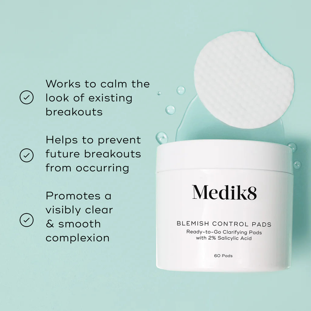 Medik8 blemish control pads with text on benefits on a light blue background