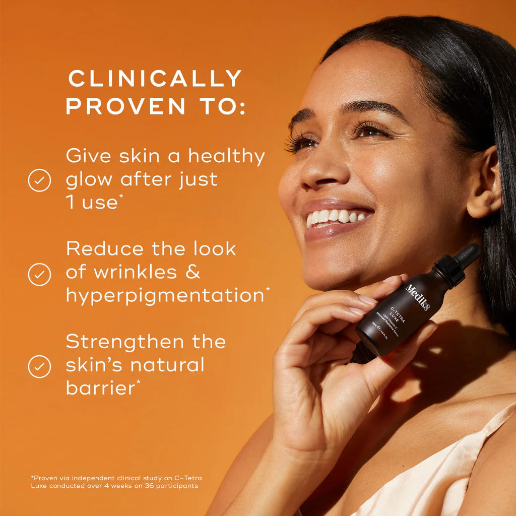 Woman holding C-Tetra Luxe bottle with product benefits on an orange background