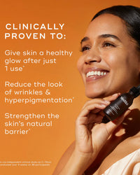 Woman holding C-Tetra Luxe bottle with product benefits on an orange background