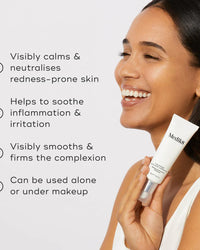 Woman holding Calmwise Colour Correct with text about its benefits on a light background