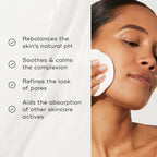 Medik8 daily refresh balancing toner, white bottle with cap, inforgraphic, soothes and calms complexion, aids absobtion of skincare actives,  rebalances pH, deeply hydrates, effective antibacterial and anti-inflammatory properties, suitable for the most sensitive skins, leaves complexion calm, conditioned, rebalanced